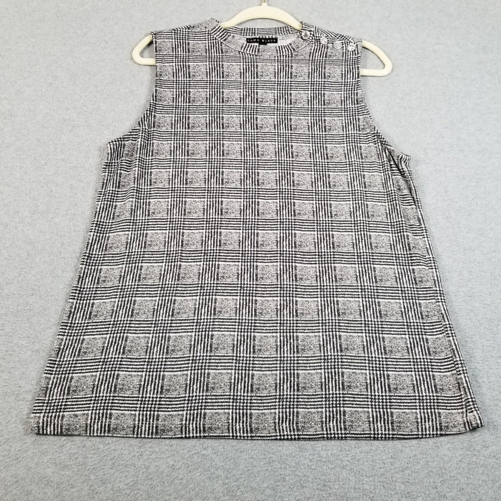 Como Black Top Womens XL Gray Black White Plaid Sleeveless Button Shoulder Knit